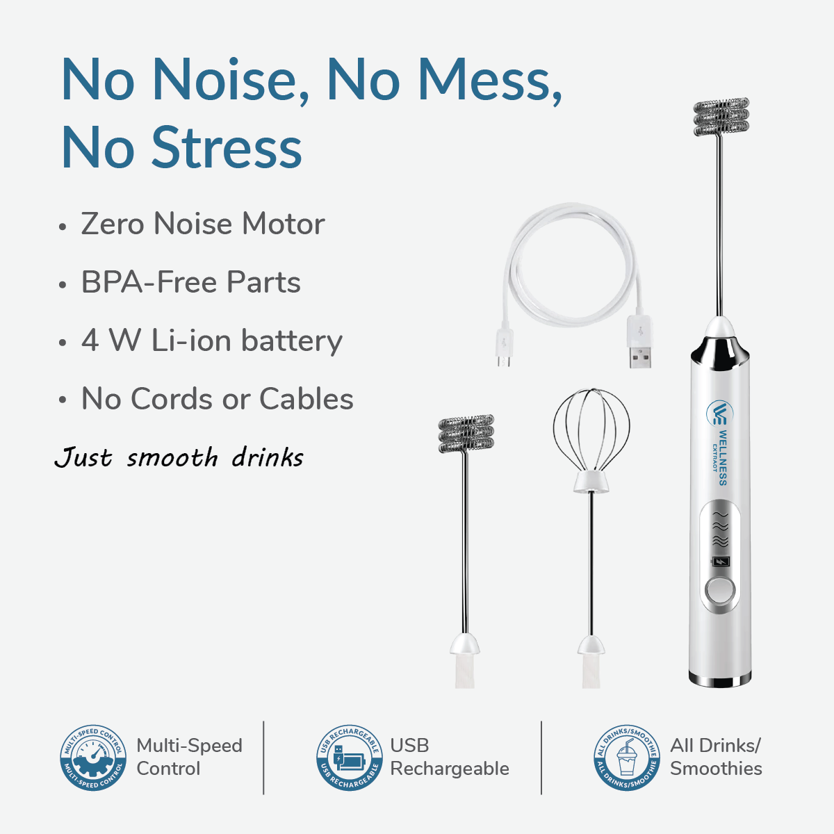 Electric milk frother set with USB and 3 attachments 