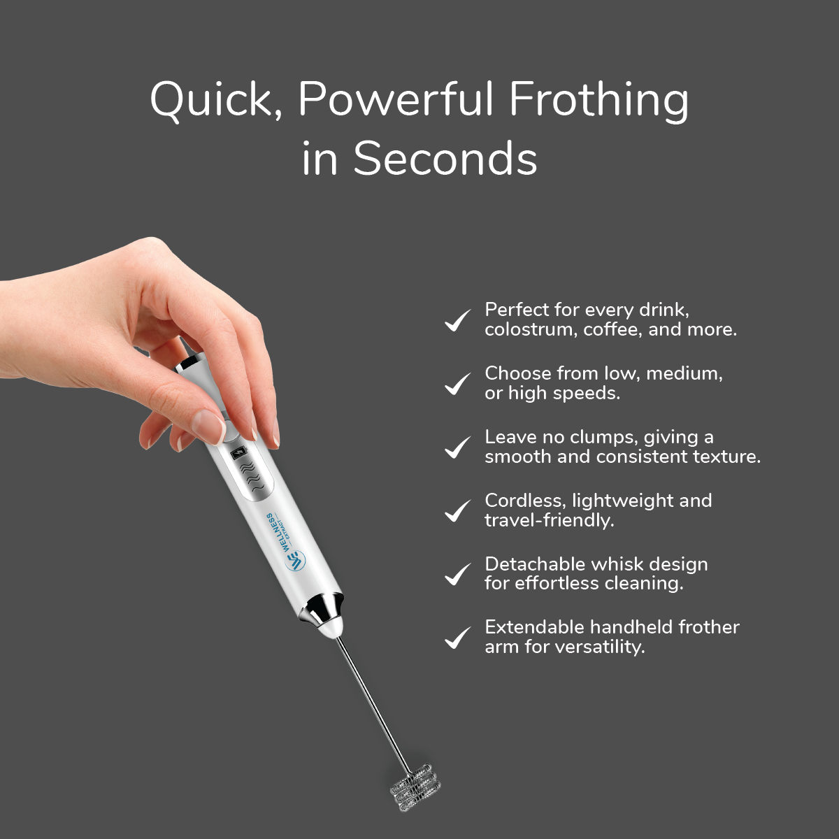 Electric frother set with whisk and stand for easy storage 