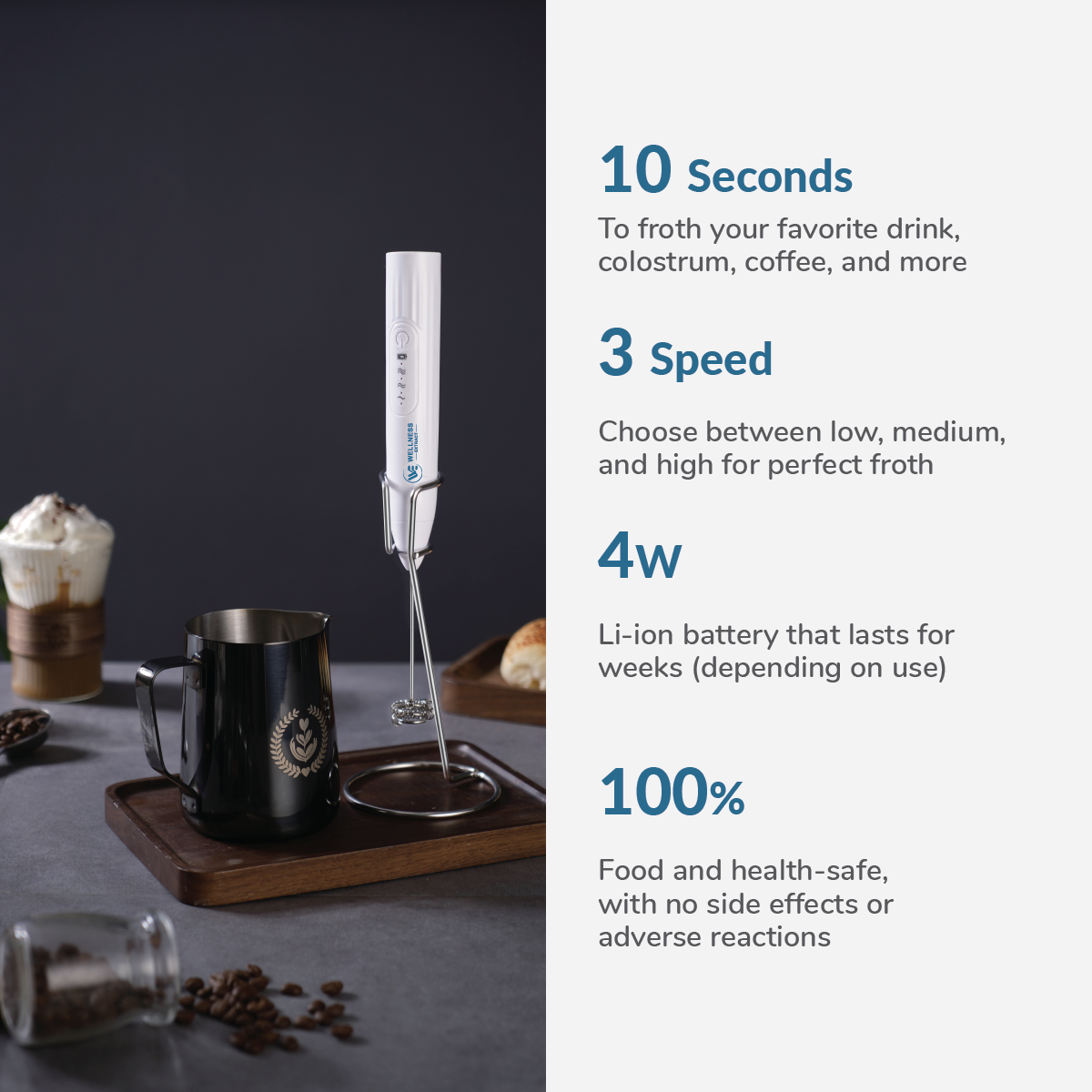 Electric milk frother with mug and feature list 