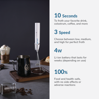 Electric milk frother with mug and feature list 