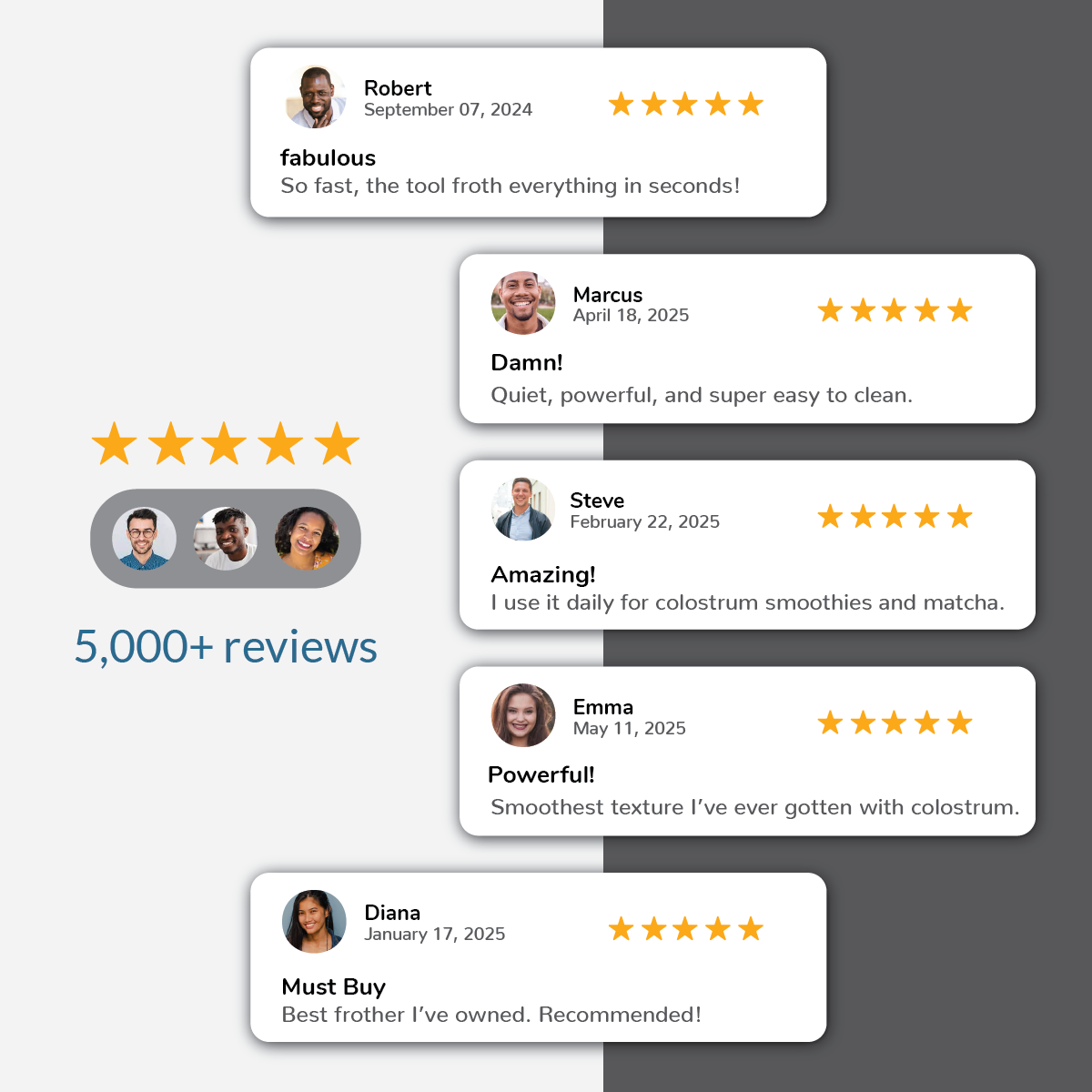 Customer reviews praising electric frother's performance and ease of use